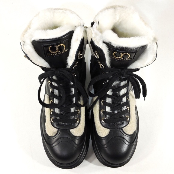 CASADEI 🇮🇹 WOMEN'S BLACK SOFT LEATHER WHITE MERINO FUR WINTER FASHION BOOTIE - Picture 6 of 12